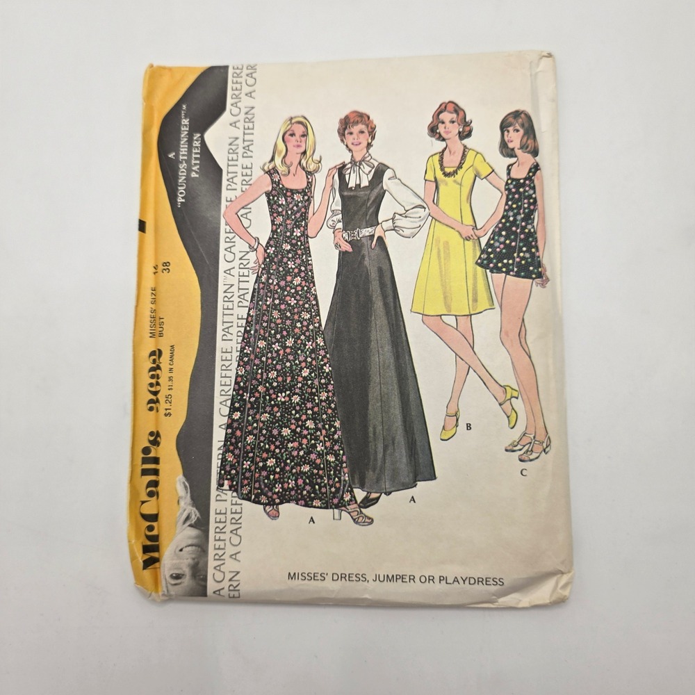 McCall's 3632 Sewing Pattern 1973 Misses Dress Jumper Playdress Maxi Mini Sz 16